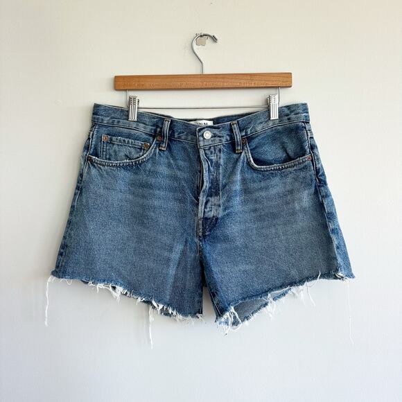 Agolde Parker Long High Rise Raw Hem Mom Shorts Blue 30